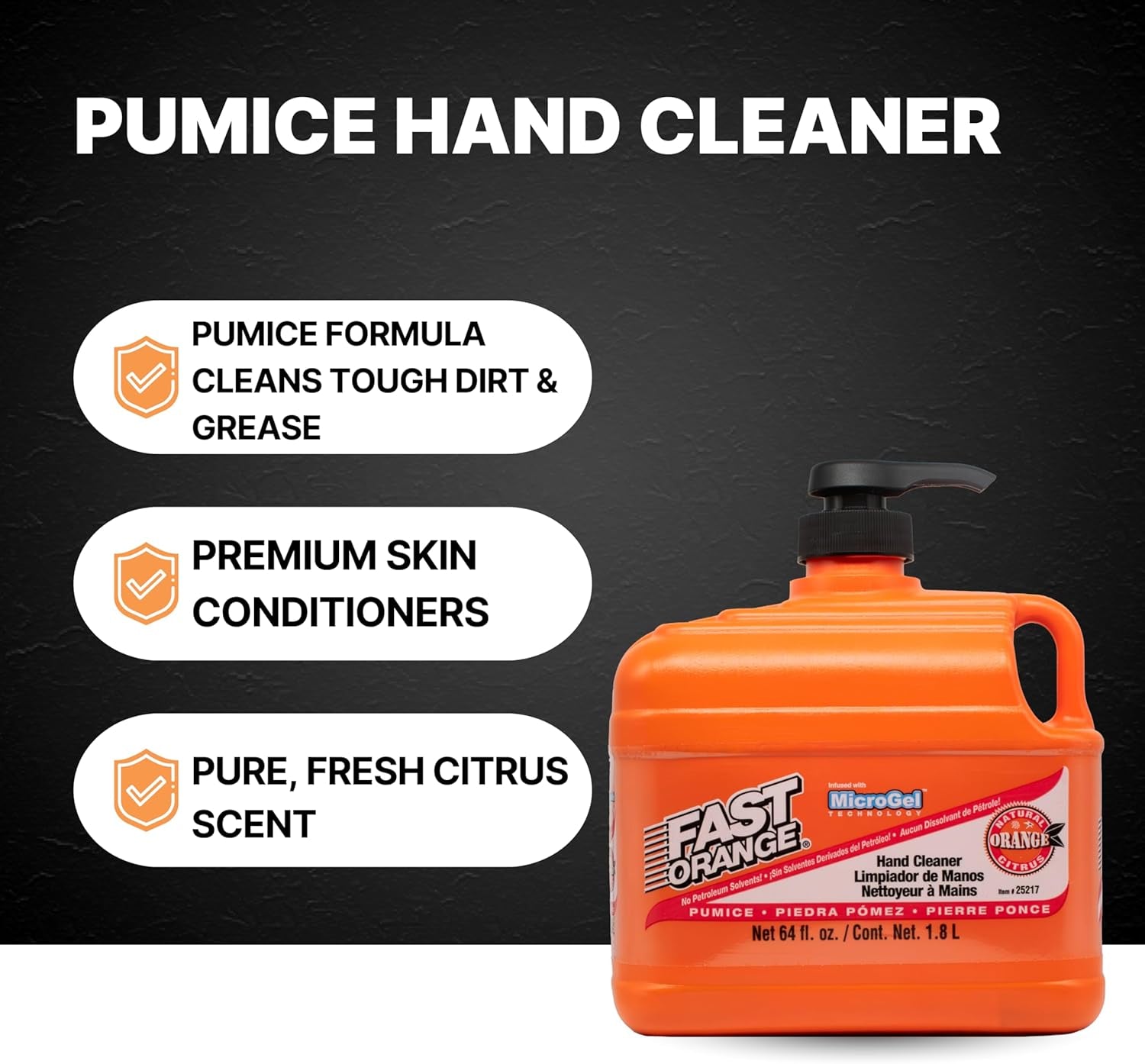 Permatex 25217 Pumice Lotion, Heavy Duty Hand Cleaner, Natural Citrus Scent, Waterless Cleaner for Mechanics, Strong Grease Fighter, 1/2 Gallon, Orange, 64 Fl Oz (Pack of 1)