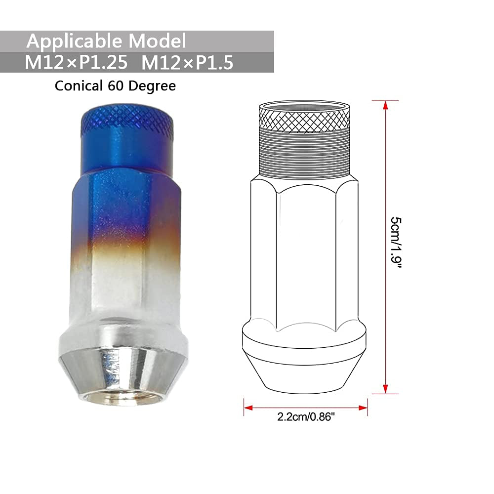 Lug Nuts M12X1.5 Open End Wheel Nuts,Taper Acorn Seat, Forged Locknut Racing Nut 20 Set 2 Pieces Total 22 Pieces and 1 Nut Socket Key (Red-Blue M12 X P1.5)