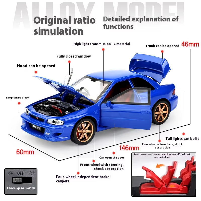 JDM 1:32 Subaru Impreza WRX STI Modified Cultural Vehicle Alloy Metal Diecast Model Car Sound and Light Trendy Ornaments Gifts