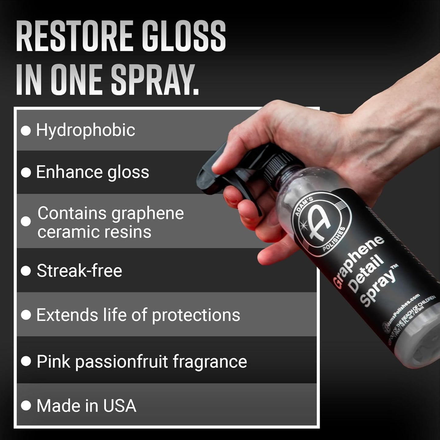 Adam’S Graphene Detail Spray (16 Fl Oz) - Extend Protection of Waxes, Sealants, & Coatings | Waterless Detailer Spray for Car Detailing | Clay Bar, Drying Aid, Add Ceramic Graphene Protection