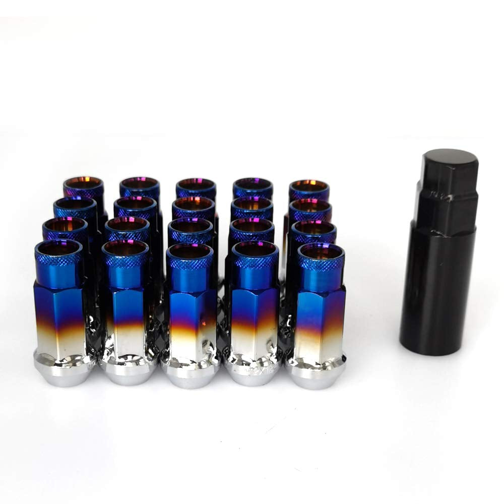 Lug Nuts M12X1.5 Open End Wheel Nuts,Taper Acorn Seat, Forged Locknut Racing Nut 20 Set 2 Pieces Total 22 Pieces and 1 Nut Socket Key (Red-Blue M12 X P1.5)