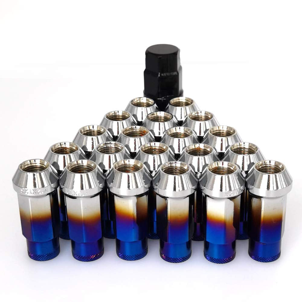 Lug Nuts M12X1.5 Open End Wheel Nuts,Taper Acorn Seat, Forged Locknut Racing Nut 20 Set 2 Pieces Total 22 Pieces and 1 Nut Socket Key (Red-Blue M12 X P1.5)